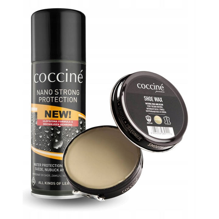 Set de impregnare pentru incaltaminte si textile, Coccine, Nano Protector Strong, 230 ml, ceara pentru incaltaminte, 40 ml, impermeabila, protectie eficienta impotriva umezelii, noroiului, sarii de drum, incolora, setul include: impregnare 230 ml, ceara