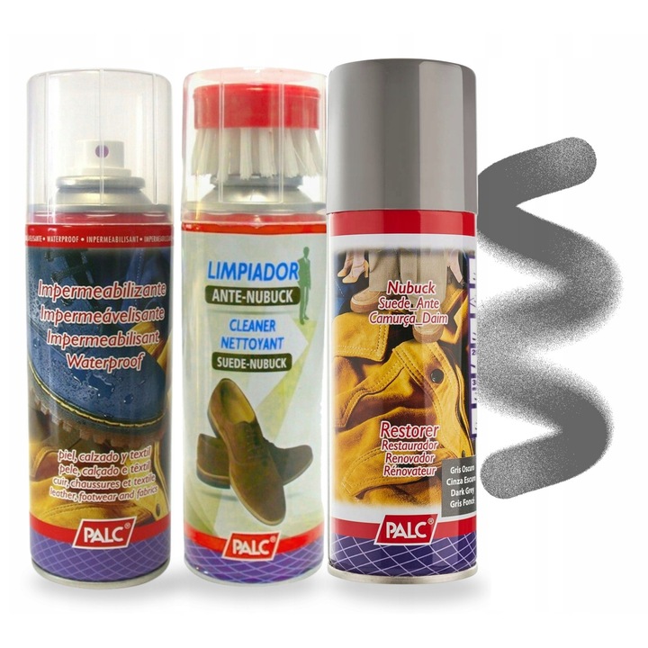 Set de ingrijire pentru piele intoarsa si nubuc, pentru deget, 3 in 1, 200 ml, spuma de curatare, spray de renovare, impregnare, gri, setul include: spuma de curatare, spray de renovare, impregnare, perie, material: spuma, spray, impregnare, curatare