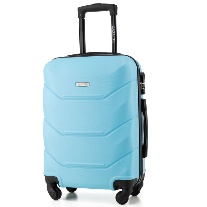 Kabin bőrönd, Zagatto®, Világoskék, Bőrönd mérete 55x40x20 cm, S méret, Kis bőrönd, Kézipoggyász, Wizz Air, Ryanair, Alumínium teleszkópos fogantyú, Robusztus cipzár, Számzár, ABS, Ellenálló, 4 db 360 fokban forgó kerék, 35L kapacitás, 10kg, ZG504 C