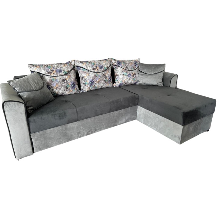 Coltar Lori, 4 locuri, cu 2 lazi de depozitare, catifea, 260x95x80 cm, culoare gri deschis si inchis