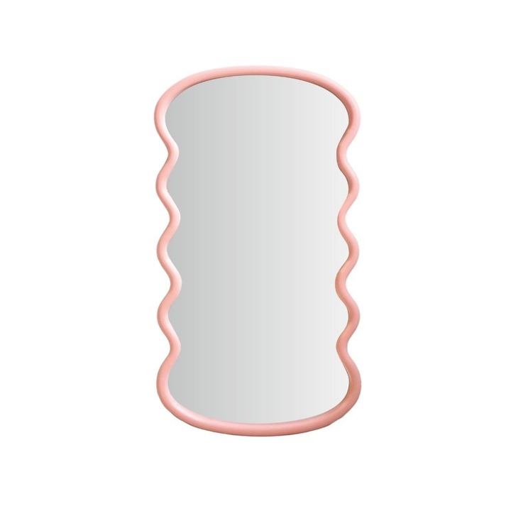 Oglinda decorativa, cu rama ondulata, culoarea roz pudrat, 55x30x25 cm
