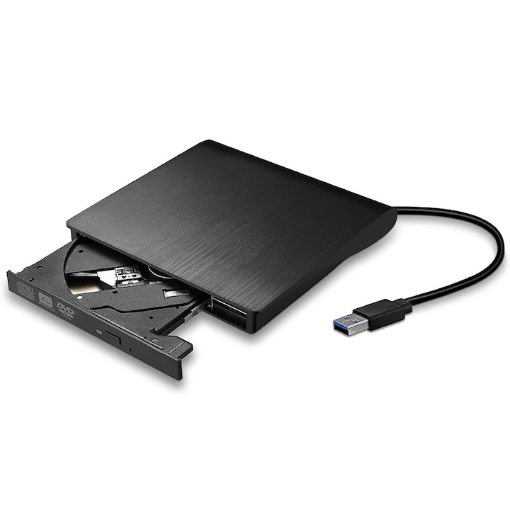 Külső CD/DVD-olvasó, CD-író, Donfanlia, USB 3.0, Plug and Play, CD / VCD / DVD író, 8X / 24X, Hordozható, Kompatibilis Windows/ Linux/ Mac OS rendszerekkel, Fekete