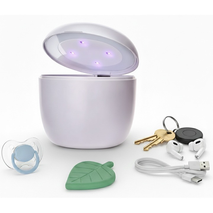 Sterilizator Portabil Aurov®, UV pentru Suzete si Accesorii Mici, 3 Moduri de Functionare, Baterie 850 mAh, 4 LED-uri UV-C, Incarcare USB-C, Fara Mercur si Ozon, Alb