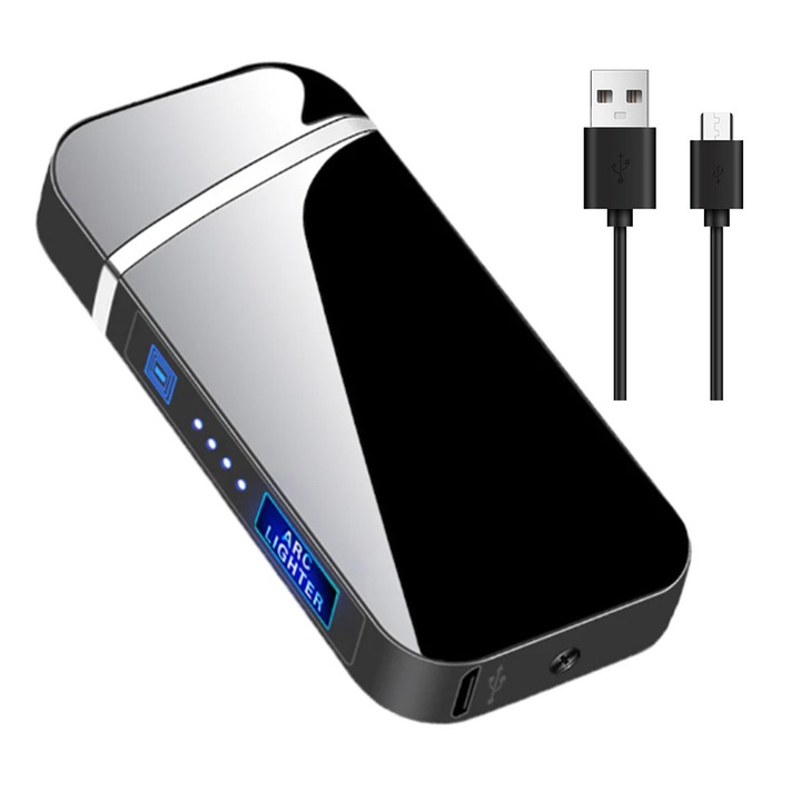 Bricheta electrica, reincarcabila, Bedee, Antivant, afisaj LED nivel baterie, Portabil, Usor de utilizat, Reutilizabile, pentru utilizare in exterior, Aliaj de zinc, gri inchis