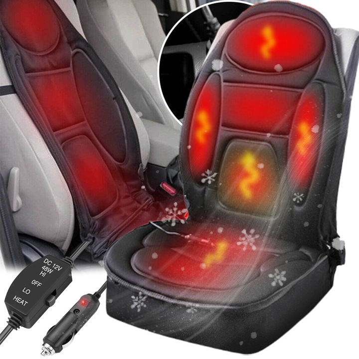 Husa scaun auto universala, Bedde, incalzire calda, 45-65°C, 2 Trepte, iarna, Usor de instalat, design elegant, universala, durabila, Cu 6 carlige,107x48cm, Neagra