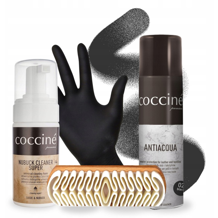 Kit de curatare pentru piele intoarsa si nubuc, Coccine, 4 in 1, spuma de curatare 100 ml, impregnare neagra 250 ml, manusi de nitril, perie de crep, Multicolor, Setul include: spuma de curatare, impregnare, manusi, perie, Material: nitril, crep de
