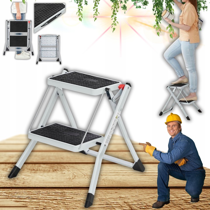 Összecsukható létra, fekete-fehér, 2 fokos, 50x59,5x44cm, teherbírás 150kg