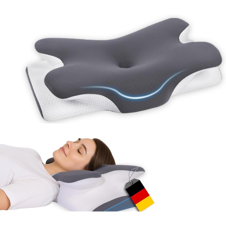 Perna ortopedica pentru gat CEDA ORTOPEDO by CEDA HOME, spuma cu memorie si husa din fibre de bambus, alb/negru, 40 x 60 x 12-14 cm