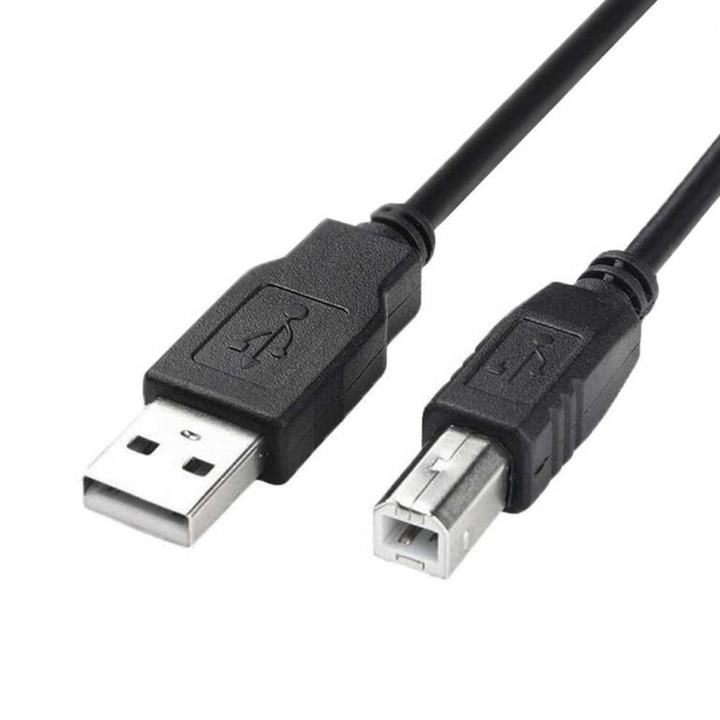 Cablu USB 2.0 Tip A Tata – Tip B Tata pentru Imprimanta, Lungime 1, 5m, cu Filtre Antiparaziti, Transfer 480 Mbps, Negru