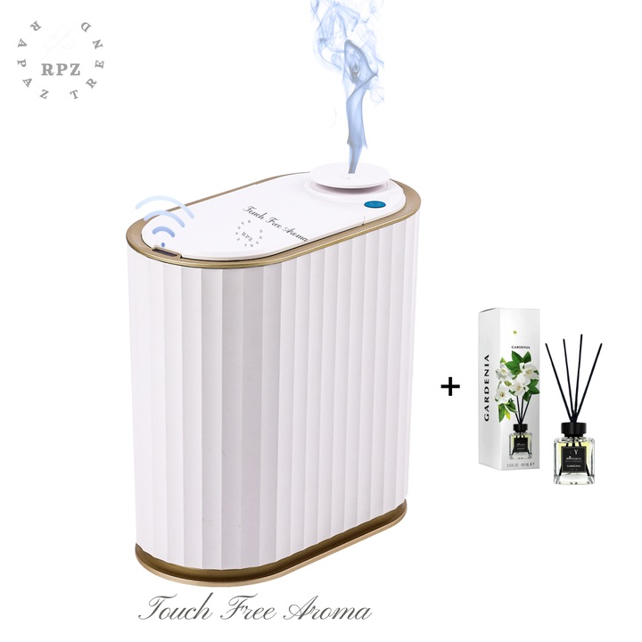Cos de gunoi inteligent RAPAZ TREND RPZ, 6L, senzor de miscare, difuzor parfum inclus, IPX 5, pentru baie, birou, sala fitnes etcalb/auriu, 26x27.5cm