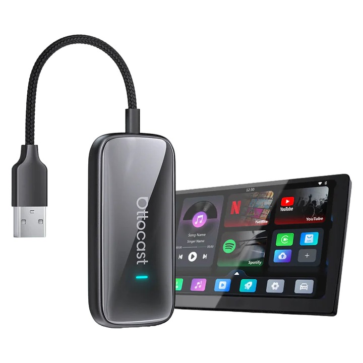 Автомобилен адаптер Ottocast Play2Video Ultra, Carplay/Android Auto, Wi-Fi 5 GHz, матово черен, пълен комплект