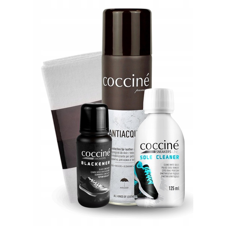 Set de curatare a incaltamintei, Coccine, innegritor + curatitor de talpi + laveta de curatare + antiacqua, 250 ml, lichid de curatare, impregnare, renovare, protectie, curatare, ingrijire, Multicolor, setul include: 1x innegritor, 1x curatitor de talpi