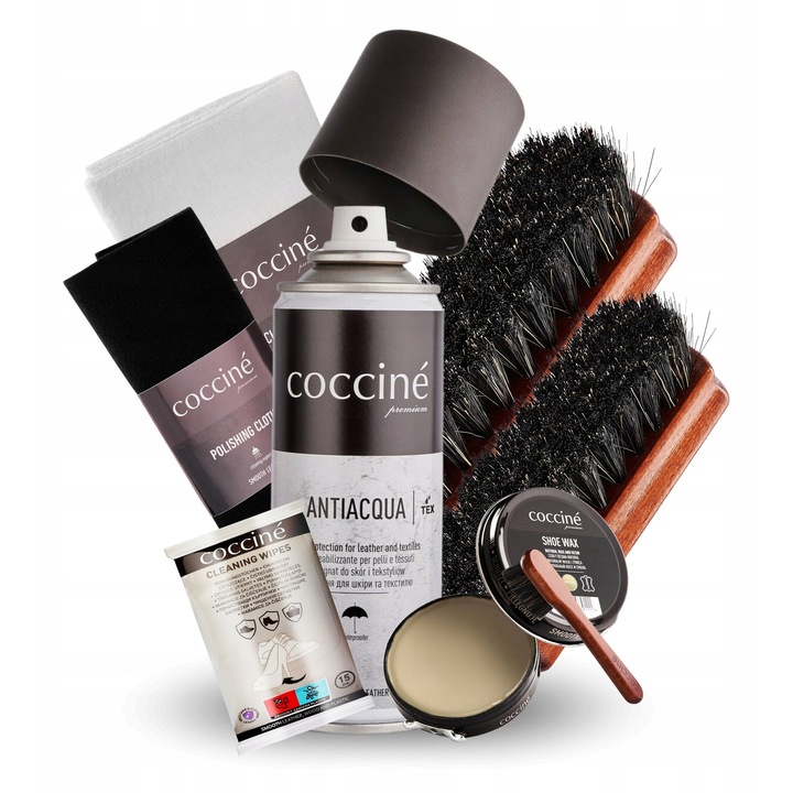 Set de ingrijire si impregnare, Coccine, 8 in 1, 150 ml, Impregnant impermeabil, Crema de ghete, Servetele de curatare, Perie de ghete, Laveta de lustruit, Laveta de curatare, Ceara de ghete, Accesorii de ingrijire, Incolor, Setul contine: 8 articole