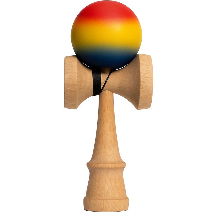 Jucarie Interactiva Kendama, Lemn, grip excelent, Profesionala, 18 cm, Joc de Indemanare pentru Copii si Adulti, Model Gradient Rosu Galben Albastru