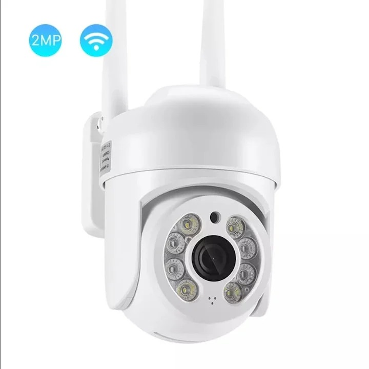 Camera de supraveghere WIFI, FULL HD, conectare telefon, night vision color, alarma, rezistenta la apa, alb