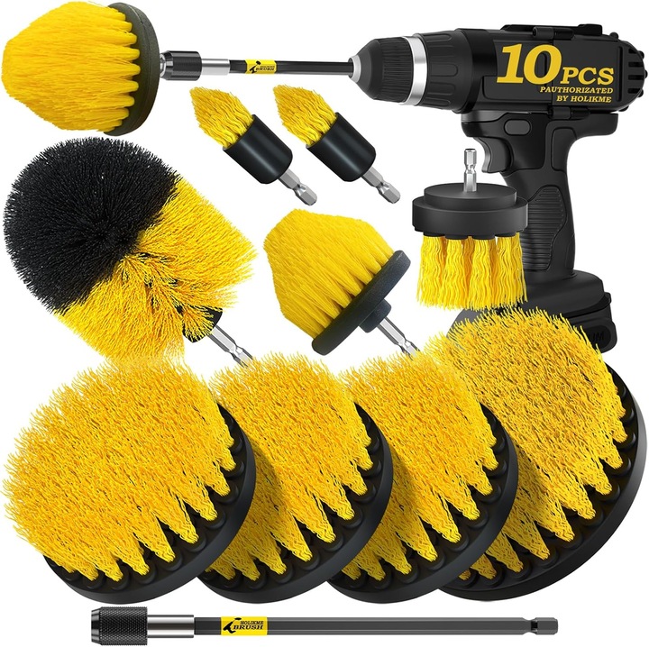 Set de 10 Perii pentru Bormasina, Kit de Curatare Profesional pentru Baie, Bucatarie, Masina, cu Extensie de 15cm