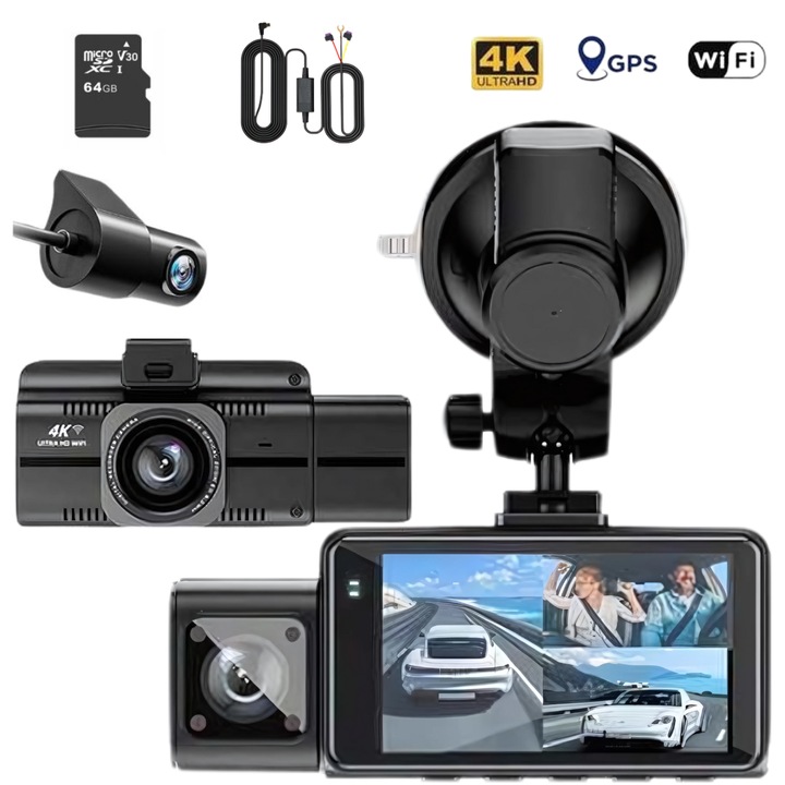 Camera Auto de Bord DVR QOVU ® F6, Tripla 4K Fata 1080P Interior 1080P Interior Spate, Card 64GB & Modul Protectie 24H incluse, Senzor coliziune, Vedere nocturna cu infrared interior, Camp vizual larg 170°&120°x120°