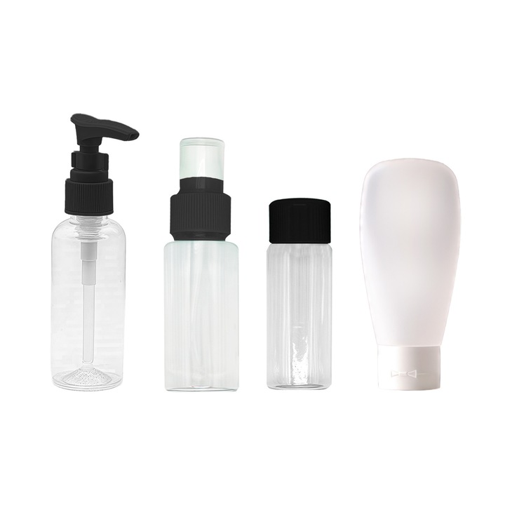 Set de sticle reîncărcabile de călătorie negre, portabile, de mai multe dimensiuni – etanșe, durabile și reutilizabile, ideale pentru călătorii, călătorii de afaceri și camping (Organizator de îngrijire personală)