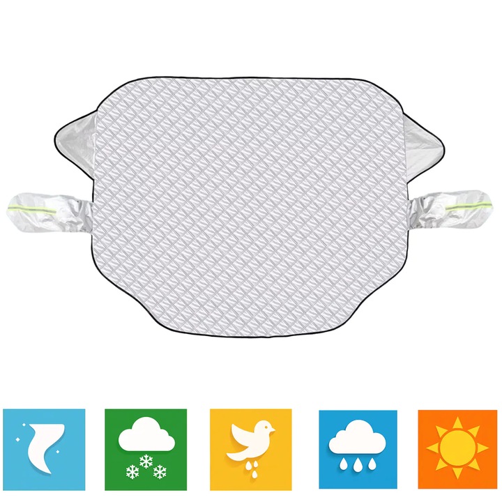 Elindor® Autó Napellenző Szélvédőre és Tükrökre, Mágneses 3 Mágnessel, Fényvisszaverő Szalaggal, 4 Rétegű Anyag, Univerzális, Napvédő Fólia, Fagyálló, Összecsukható, Könnyen Tárolható, Autó Külső Tartozékok, 193 x 125 cm, Ezüst