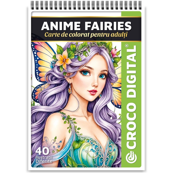 Carte de colorat antistres pentru adulti, Anime Fairies, 40 Ilustratii unice cu zane, 86 pagini, 2025, Croco Digital