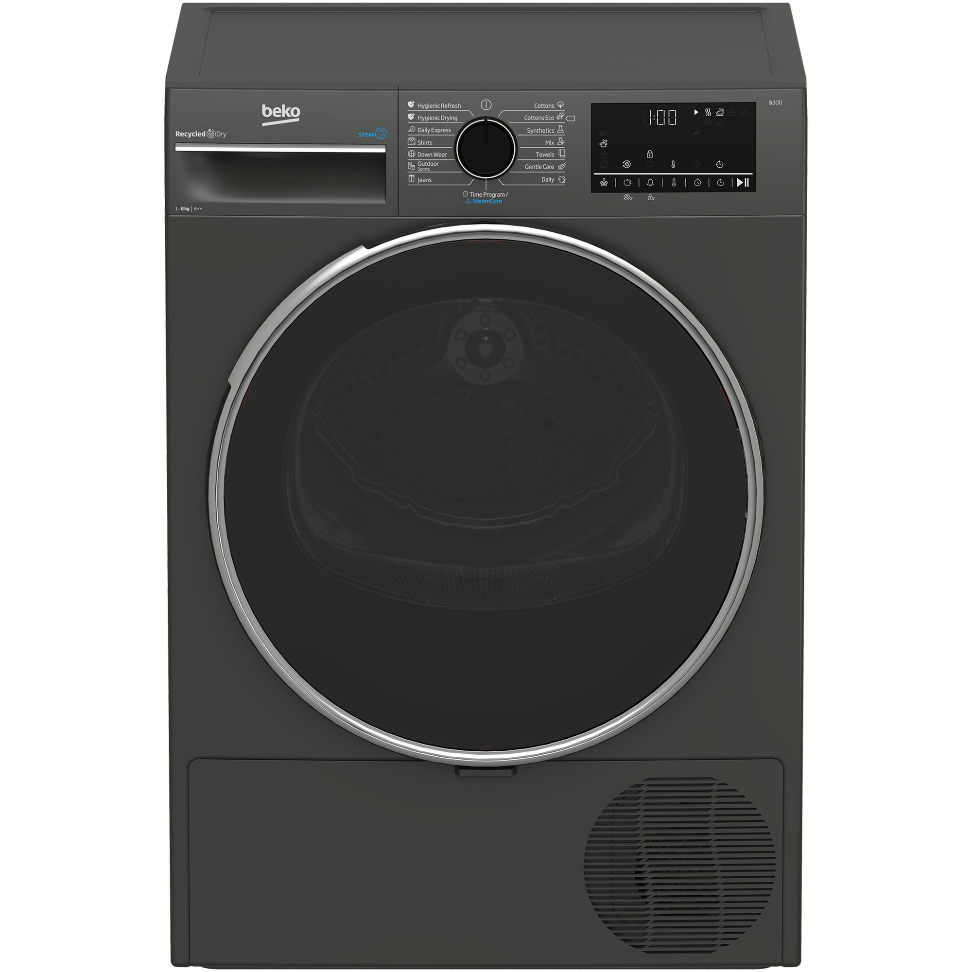 Uscator de rufe BEKO B3T68239MG EU, 8 kg, 15 programe, Aquawave, Pompa de caldura, Clasa D, gri inchis