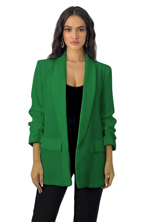 Sacou cu maneca incretita Alessia si buzunare decorative, Maro inchis, Marime S/M, FashionForYou