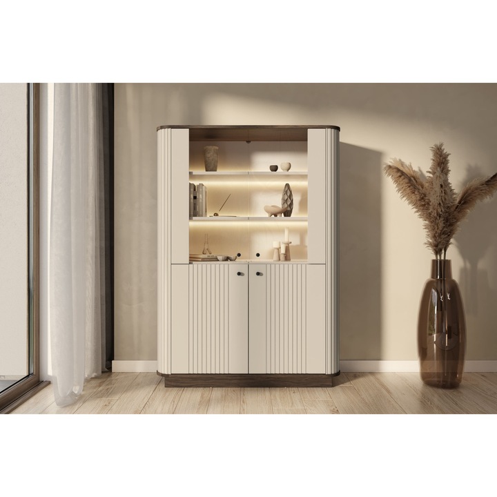 Vitrinszekrény, Bogart, Vesper, 103 x 148 x 38 cm, nappaliba, 4 ajtóval, 4 polccal, MDF/üveg, kasmír, dió, fekete fogantyúk, lábazat, LED