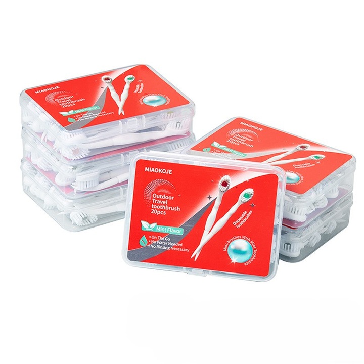 Mini fogkefék, 20 darabos készlet, fogkrémmel és fogpiszkálóval, különböző ízekben