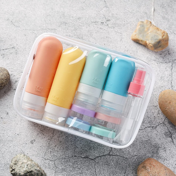 Pachet de 17 sticle de toaleta de calatorie, recipiente din silicon pentru articole de toaleta de calatorie, sampon si balsam lichid reincarcabile, etanse, sticle de articole de toaleta esentiale pentru calatorie