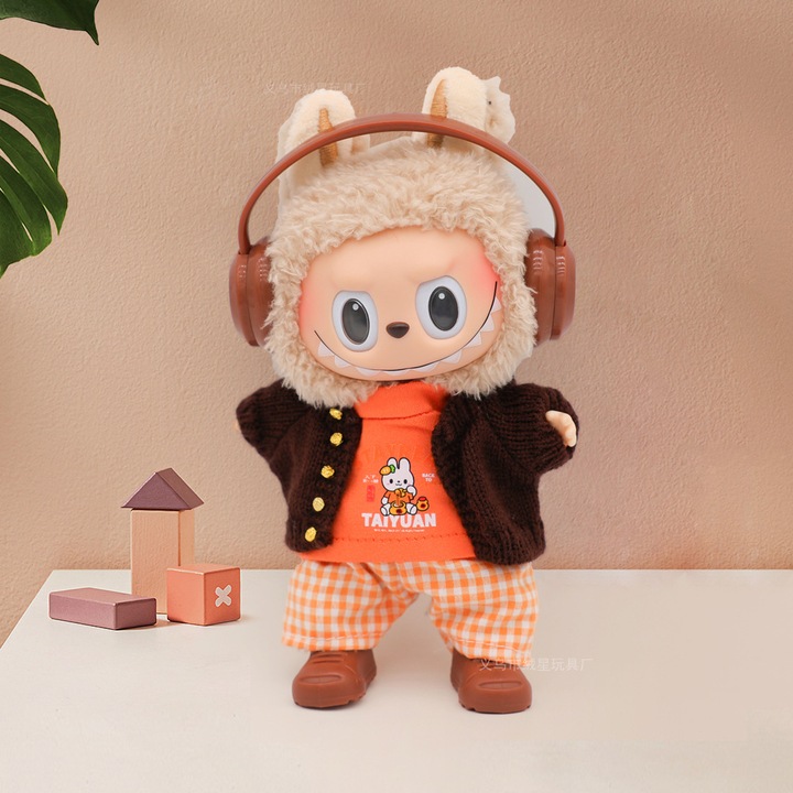 Utazási ruhakészlet zenéhez, barna, fekete és sárga kockás, 14-18 cm-es babákhoz