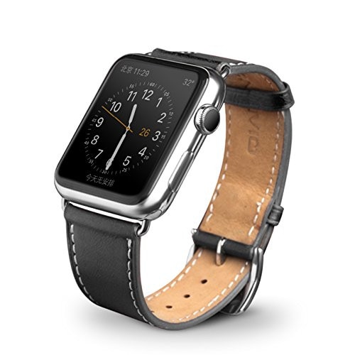 Curea Apple Watch Series SE, 6, 5, 4 - 44mm, 1, 2, 3 - 42mm, Qialino Classic, moale din piele de vitel, culoare Negru