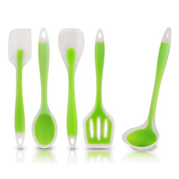 Ustensile bucatarie din silicon termorezistent, set de 5, polonic, lingura, paleta, spatula dreapta, spatula curbata, 5 x ustensila bucatarie, Quasar & Co., verde Ustensile bucatarie din silicon termorezistent, set de 5, polonic, lingura, paleta, spatula dreapta, spatula curbata, 5 x ustensila bucatarie, Quasar & Co., verde