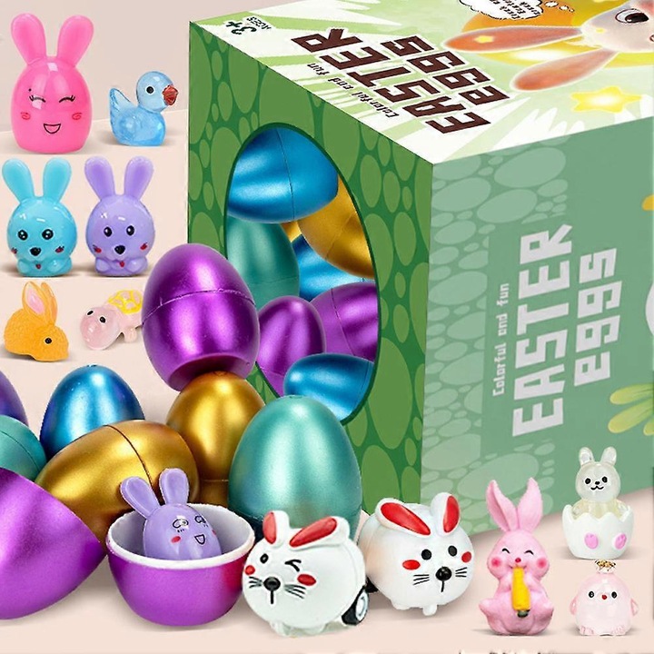 Set 21 jucarii de Paste cu oua colorate si iepuras, 12x14x18cm, pentru copii 3+ ani