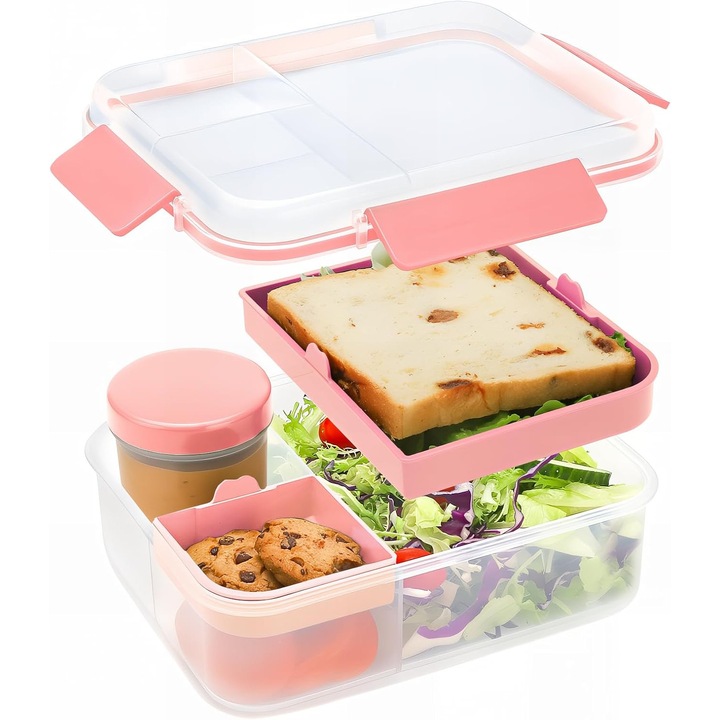 Bento Box 1600ML, Bento Box Saláta Ebéd Tálca Rekeszekkel, Bento Box Salátás Tál Öntettartóval, Ételkészítő Edény, Gyümölcsös Snackekhez, Szendvicsekhez, Rózsaszín