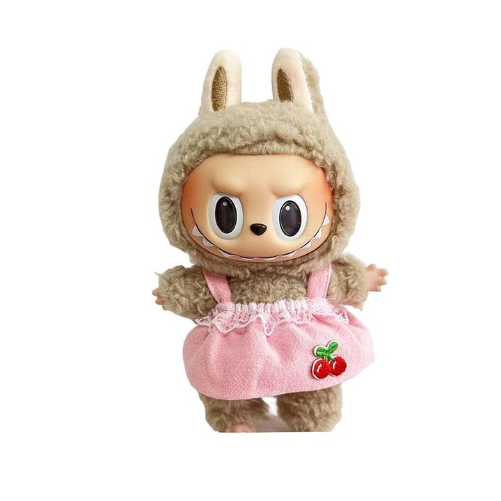 Rózsaszín, cseresznyemintás babaruha plüss babákhoz, 17 cm