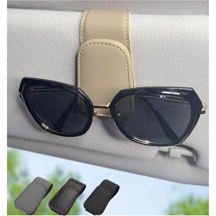 Suport magnetic auto din piele pentru ochelari de soare, clema pentru viziera auto, accesorii interioare auto, potrivit pentru diferite dimensiuni de ochelari (bej)