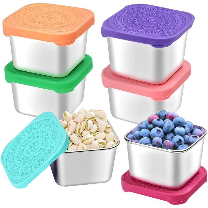 Set 6 Recipiente pentru gustari Excitat@, Otel inoxidabil, Cu Capac Etans din silicon, 180ml, Caserole pentru cresa scoala si calatorii