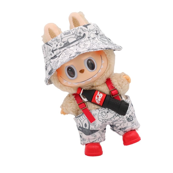 Babaruha szett, fehér overál graffitivel, fehér kalap graffitivel, piros csizma, piros Coca-Cola üveg, 14-18cm, baba nélkül