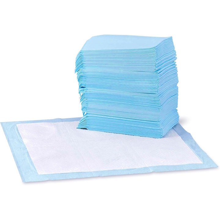 Asternuturi pentru caini, 6 straturi, absorbante, impermeabile, albastru alb, 60x60cm, set 40 bucati