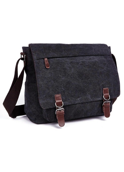 Messenger táska, több rekeszes, vászon és bőr anyag, vízálló