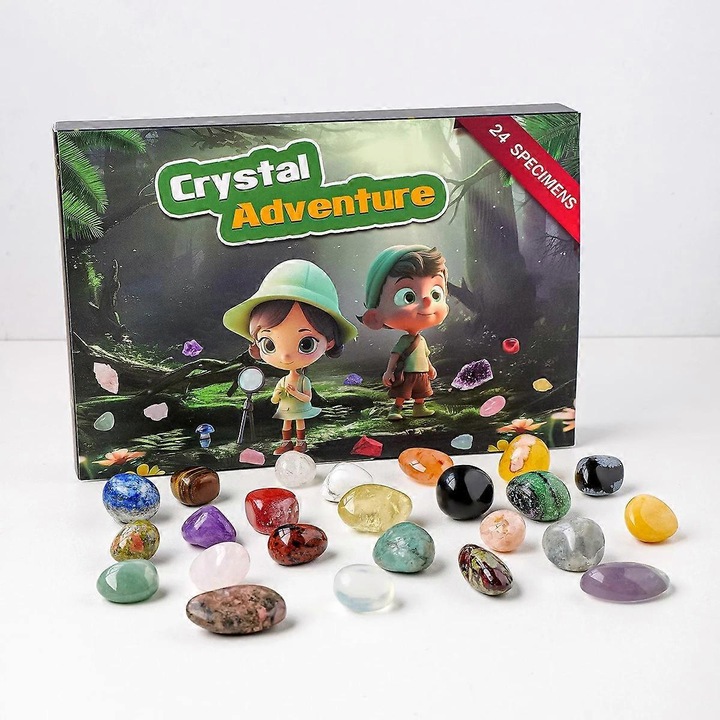 Cutie cu 24 compartimente pentru cristale naturale, 21.5x14.7x3cm, set de 24 pietre semipretioase