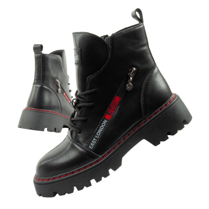 Ghete Lee Cooper, Ghete de drumetie pentru femei, Ghete Chelsea din piele, Negru si rosu, Negru