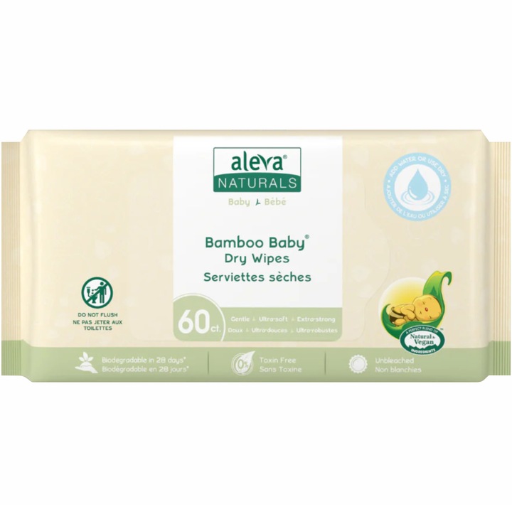 Servetele uscate din fibre de bambus, Aleva Naturals, 60 buc, 55 x 175 x 105 mm