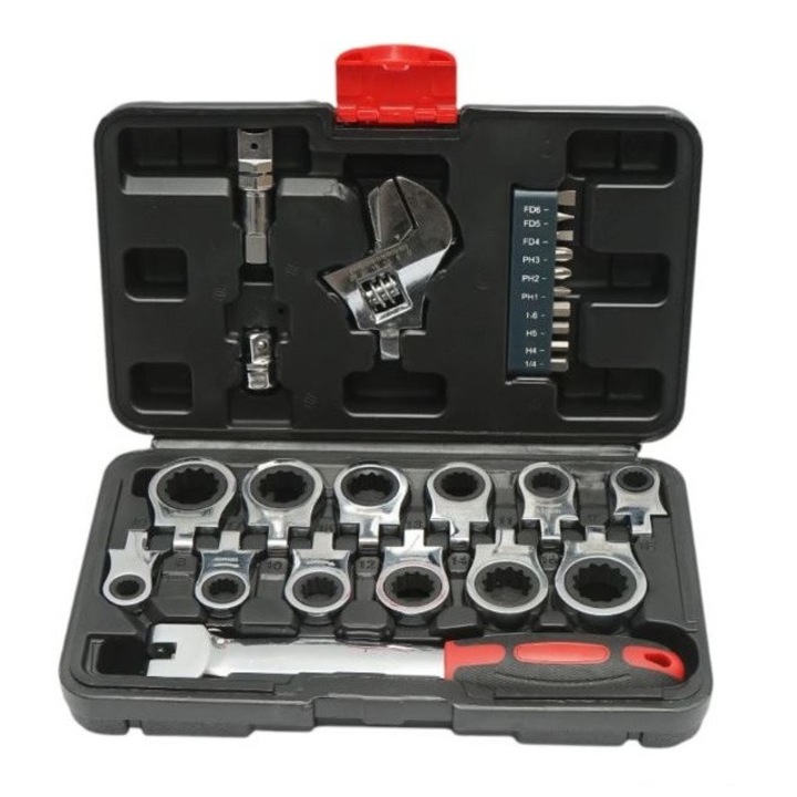 Trusa chei inelare cu clichet 8-19 mm, cheie reglabila, biti hex, drepti, cruce, Set 26 piese
