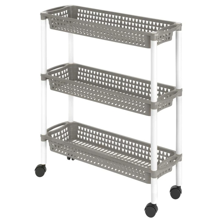 Etajeră, ETA, 3 niveluri, alb cu gri, 60x18x61cm, cu roți