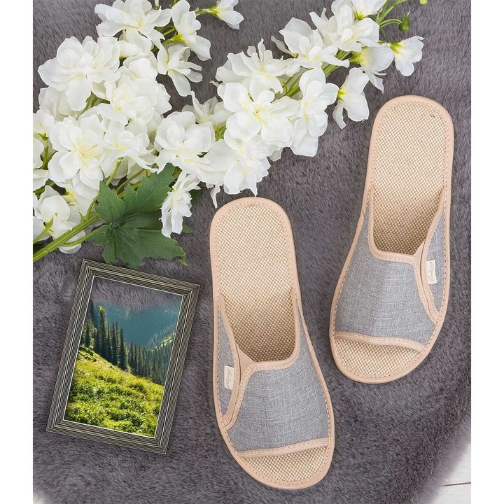 Papuci dama Natural Style NS-007, gri-bej, bumbac, EVA, Gri/Bej, 40