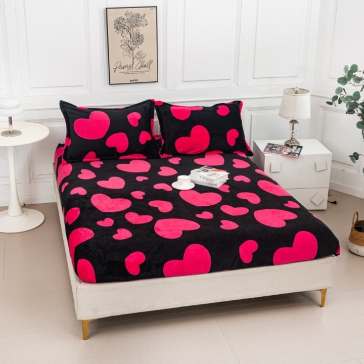 Husa Pat Dublu si Fete de Perne, Cocolino, Inimi, 3 piese, 2 persoane, 180x200cm, Negru-Roz