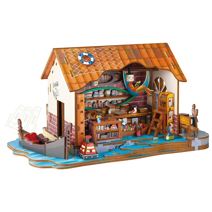 3D пъзел Къща за кукли от дърво, Omelivon® Релаксираща терапия и креативен DIY комплект с миниатюрен модел и LED светлини - Идеален подарък за семейство, приятели и любители на ръчната изработка - 261 части - „Книжарницата в залива“ Кафяв
