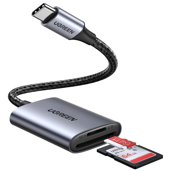 Четец за карти Ugreen USB-C, двоен слот SD/TF, 5Gbps, до 2TB, кабел 15см, Plug & Play, сив