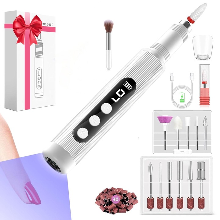 Професионална фреза за нокти iMICE, безжична електрическа пила за маникюр-педикюр, професионална UV LED лампа за нокти, презареждаема, 18 000 RPM, 12 накрайника за пила, 30 шлифовъчни ленти, ергономичен дизайн, бял